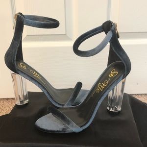 Blue faux suede sandals, size 7.5. 4.25” heel